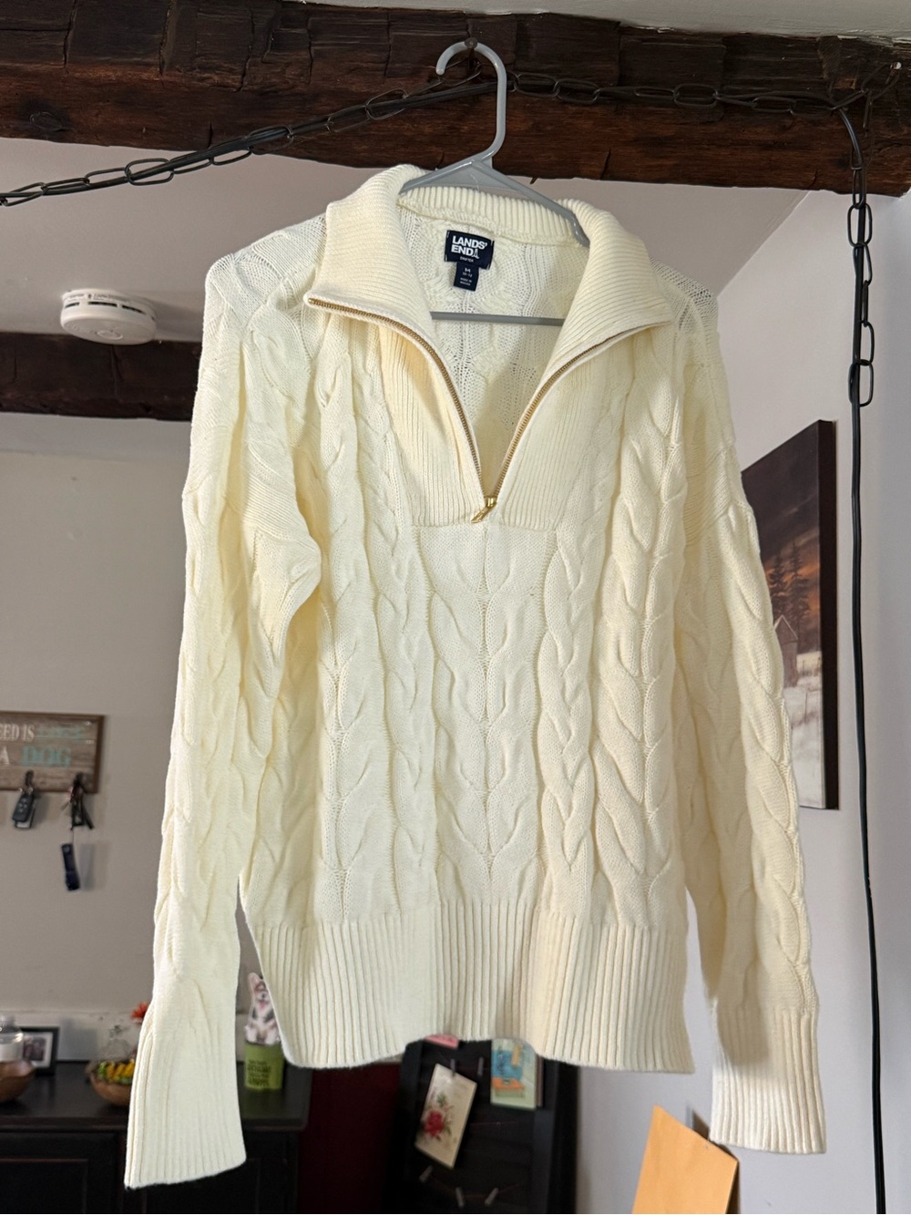 Lands' End Women's Cream Cable-Knit Half-Zip Pullover